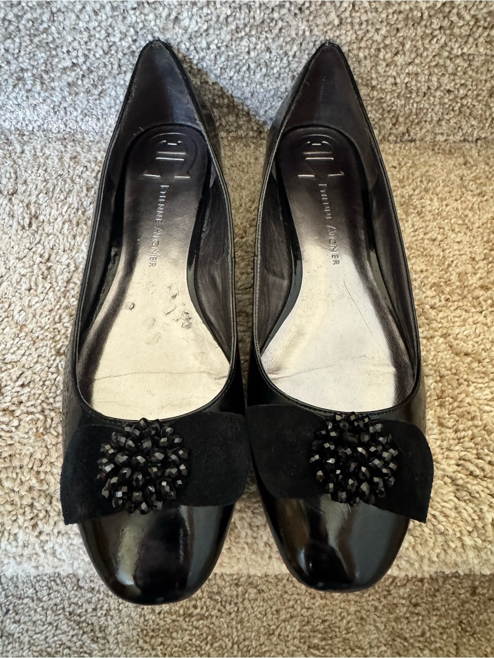 Etienne Aigner Black Patent & Suede Embellished Flats